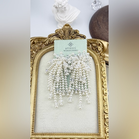 Atterri White Beaded Fringe Statement Earrings - Picture 1 of 9